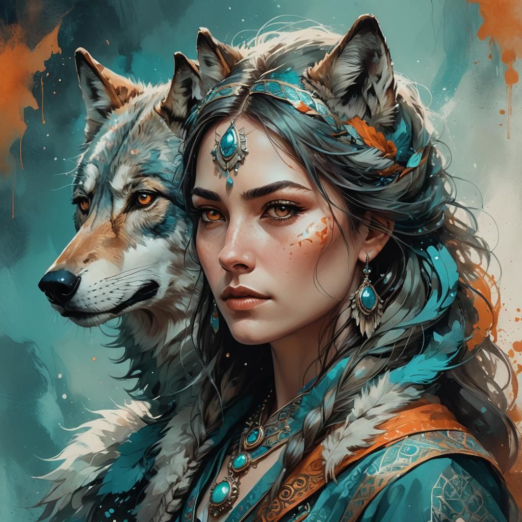 Woman and Wolf Portrait in High-Fantasy Style