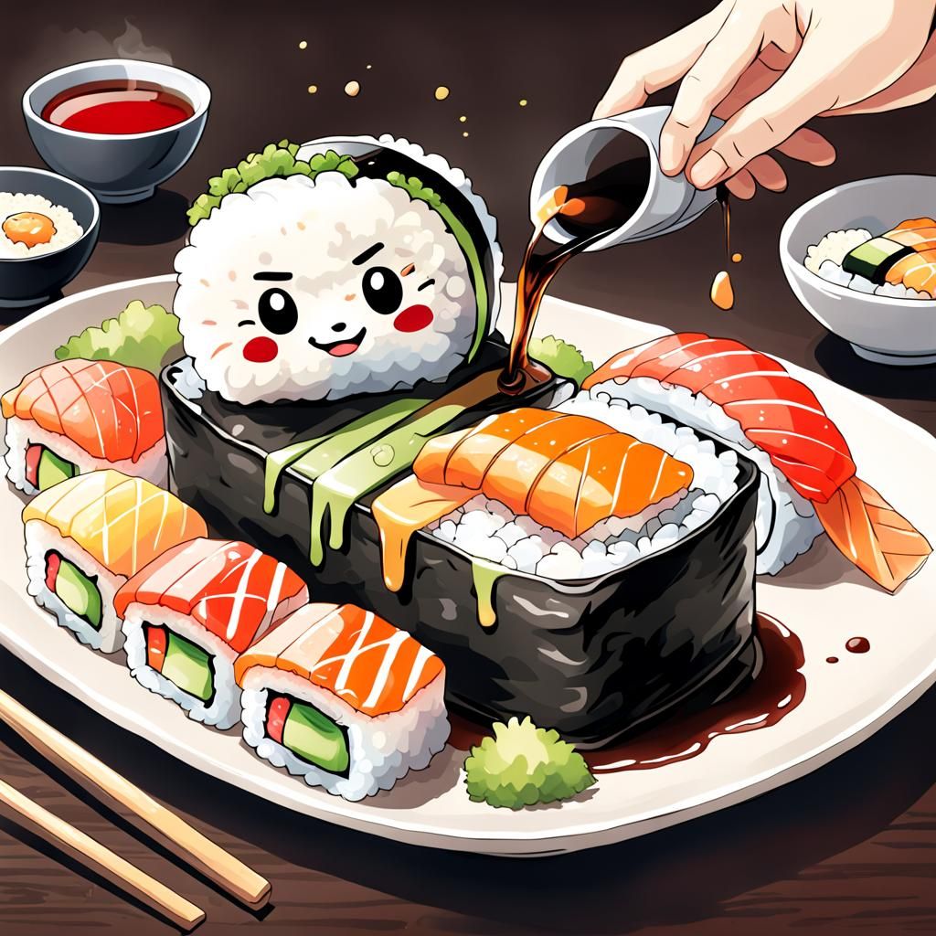 Happy Sushi Roll in Anime Style
