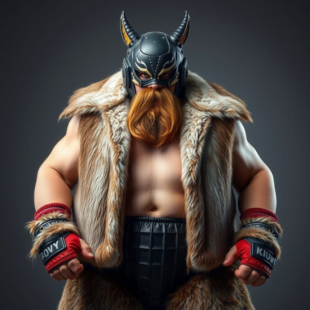 Rugged Luchador Wrestler with Animal Pelt Coat