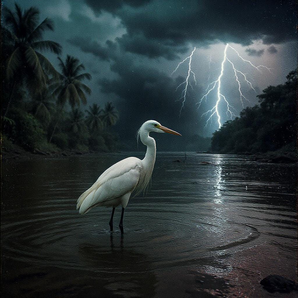 Egret Hunting as Storm Approaches, Photorealistic Style