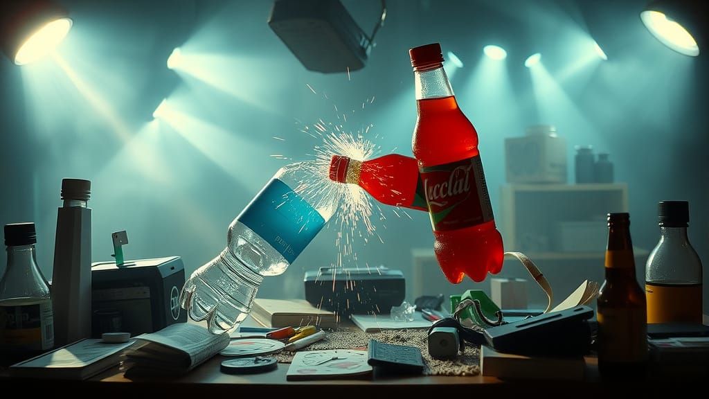 Water Bottle and Soda Bottle Engage in Intense Desk Battlefi...