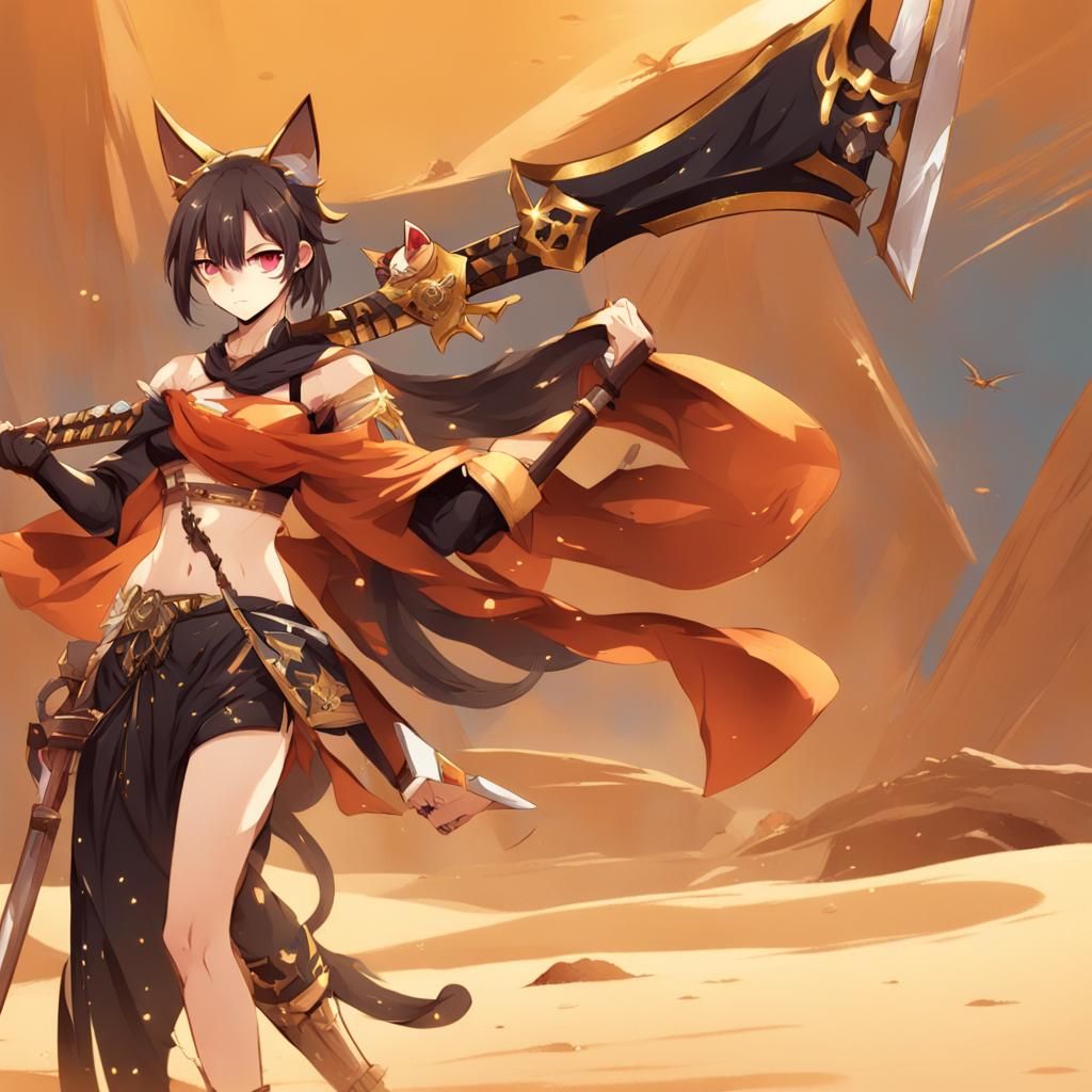 Anime Cat-Girl with Greatsword in Golden Sand