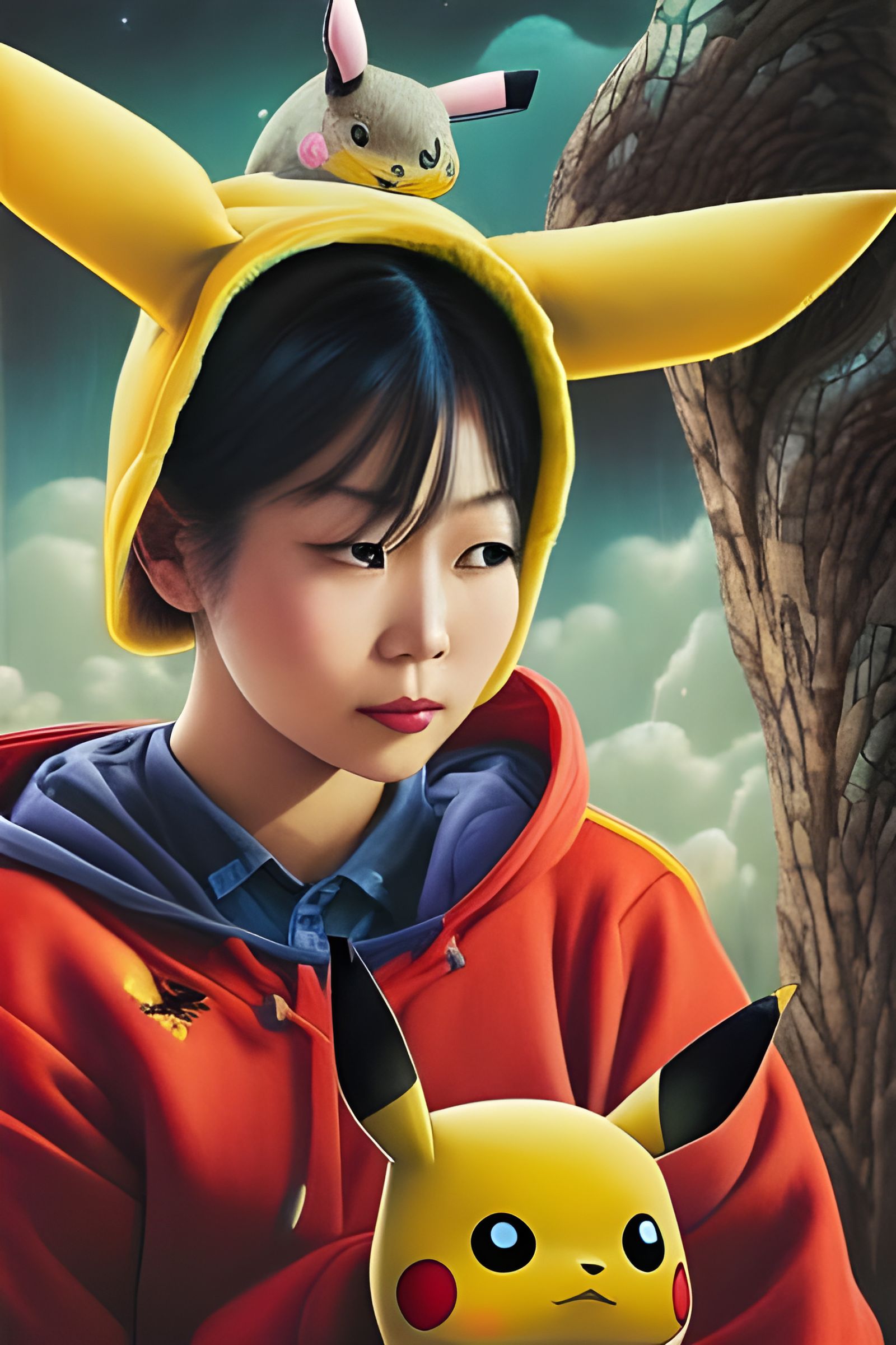 Girl in Pikachu Hoodie, Hyperdetailed Digital Art