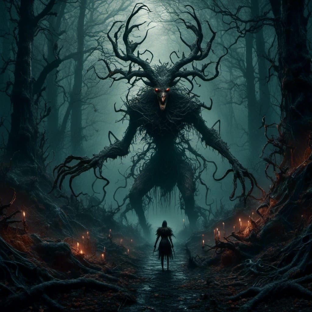 Wendigo Hunts Medusa in Dark Fantasy Forest