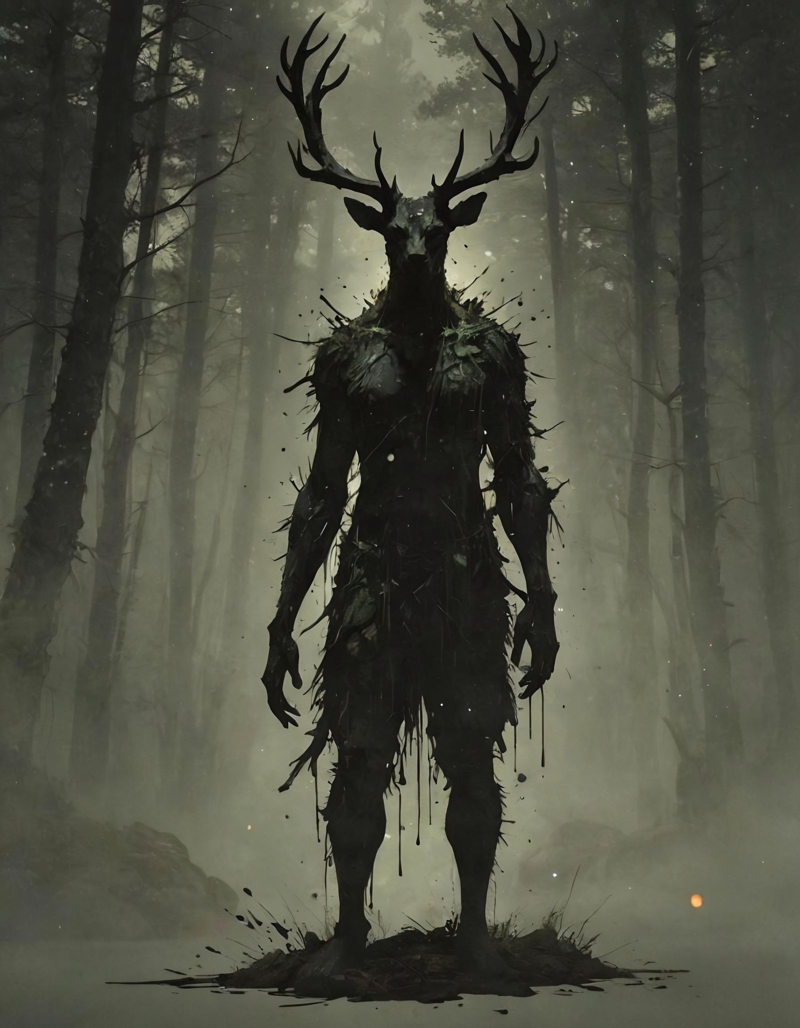 Forest Spirit Silhouette in Ink Splatter Style