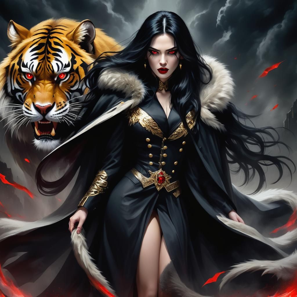 Dignified beautiful woman, long black hair, fur trimmed military coat, flowing black cape, red eyes, red lips, fierce ex...