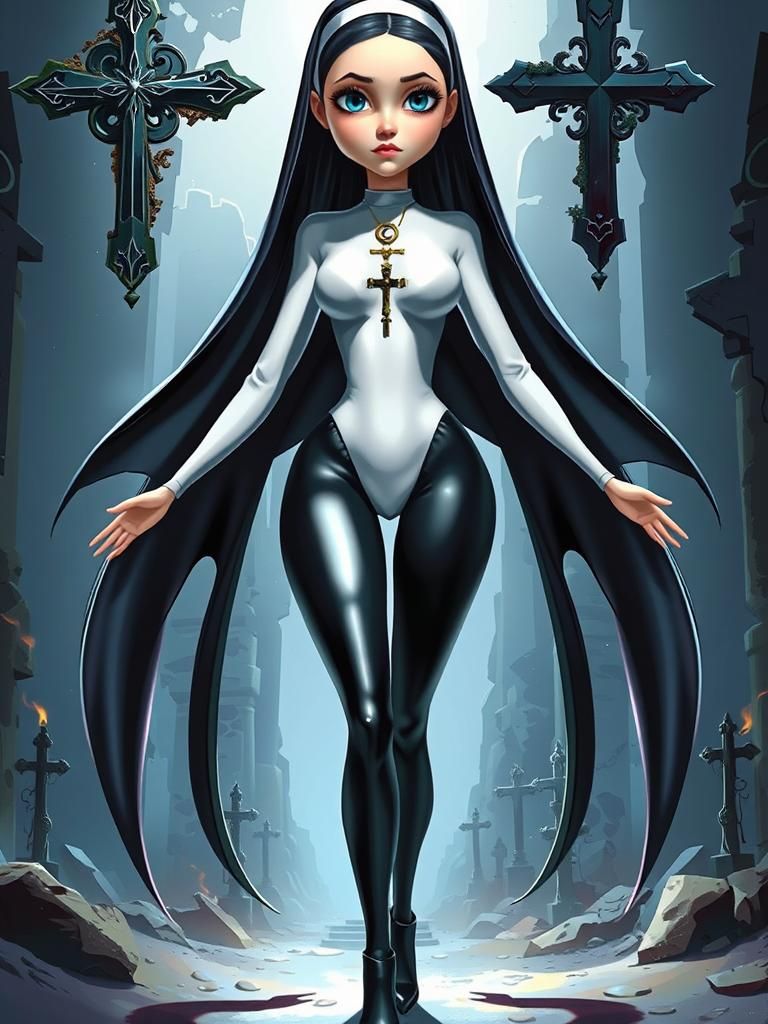 Whimsical Nun Portrait in Underground Cemetery