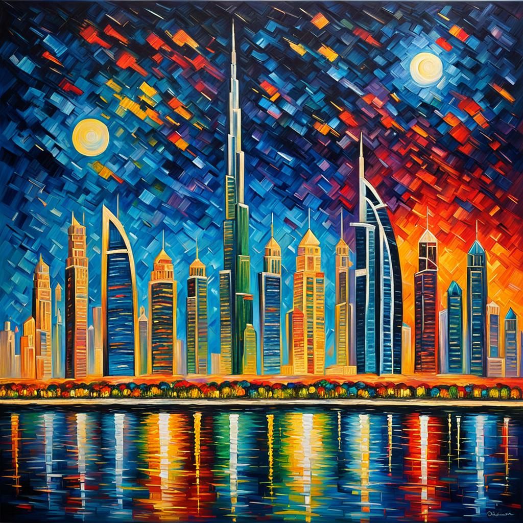 Dubai Skyline at Night: Neo-Impressionist Oil Painting