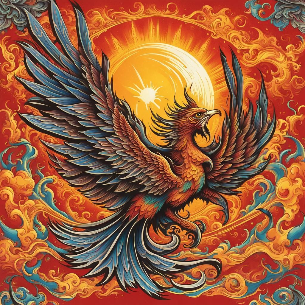 Solar Flare Phoenix in Detailed Tattoo Art Style