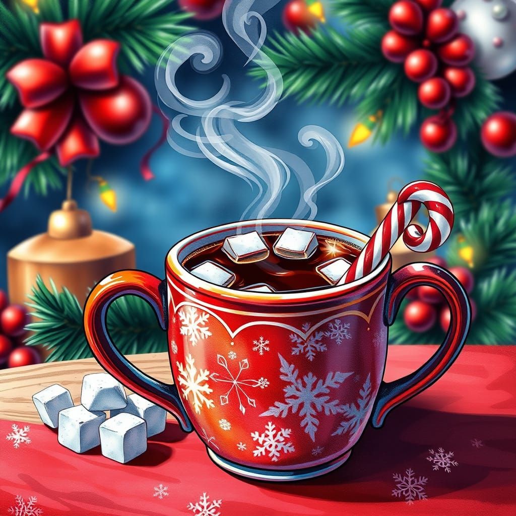 Festive Christmas Coffee in Comic Book Watercolor Style