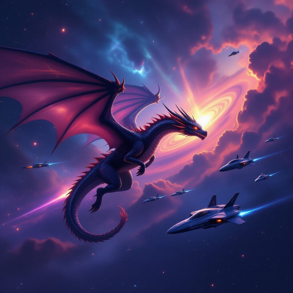 Majestic Dragon Soars Through Cosmic Nebula with Spaceships