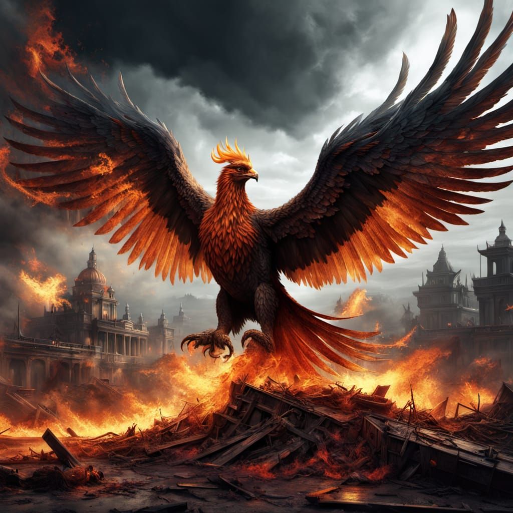 Phoenix Rising from Battlefield in Digital Illustration