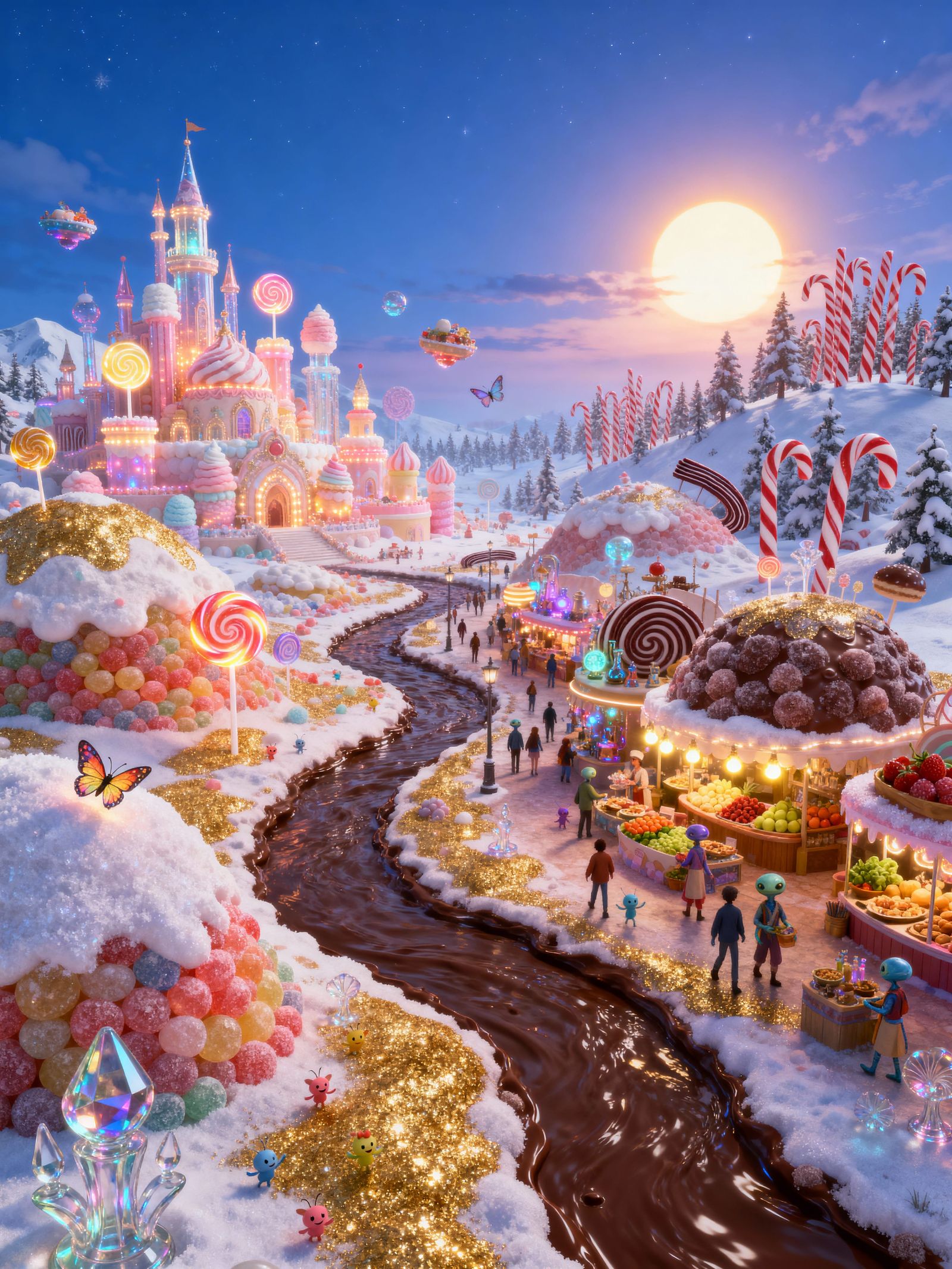 Fantasy Candy World Cityscape with Alien Market