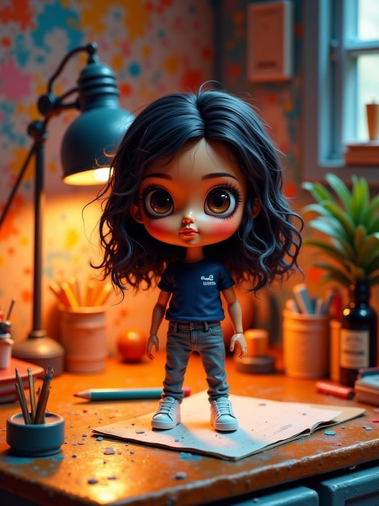 Chibi Figurine on Giant's Desk in 3D Rendered Scene