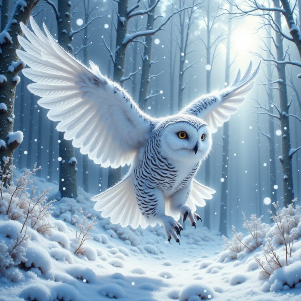 Snowy Owl in Flight, Winter Landscape, Digital Art
