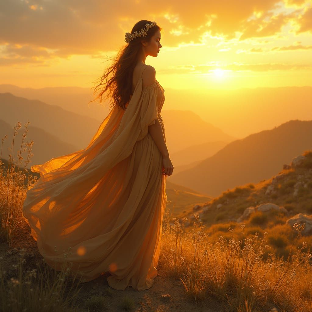 Woman in Earth Tones at Dawn, Art Nouveau Style