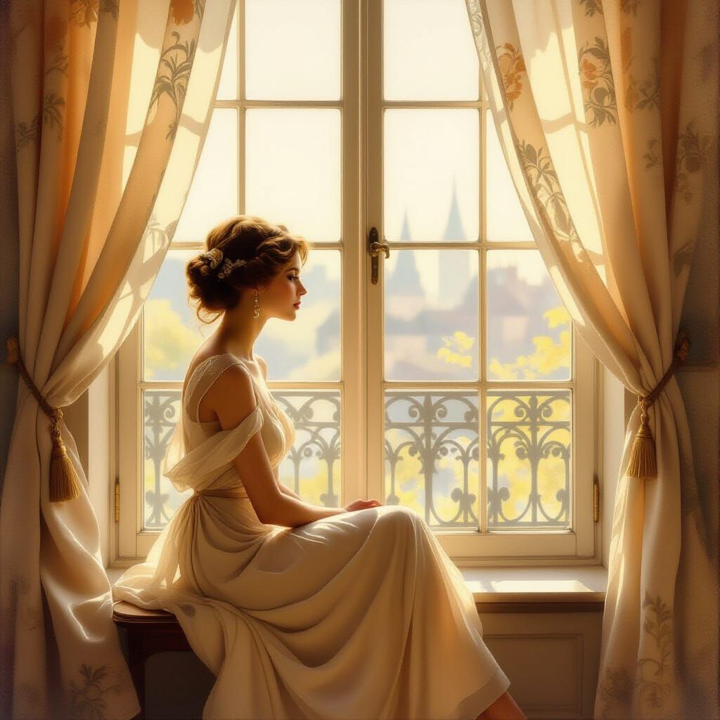 Dreamy Woman in Art Nouveau Style Window Scene