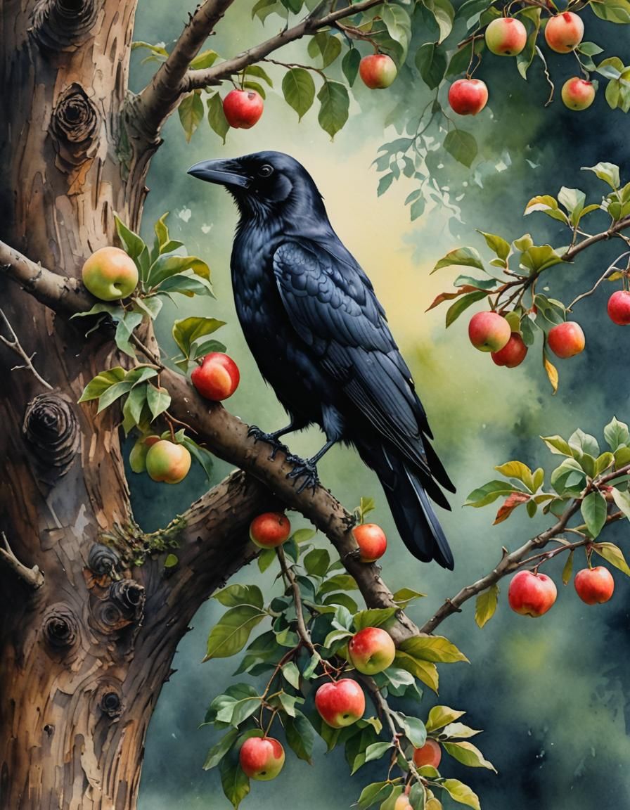 Crow in Tree: Hyper-Realistic Watercolour Painting