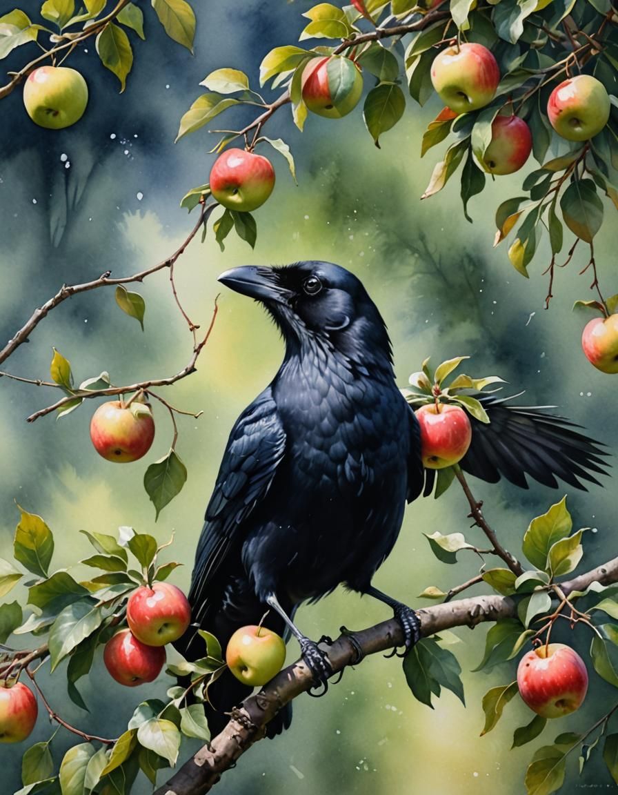 Crow Picking Apple: Hyper-Realistic Watercolor Wildlife Art