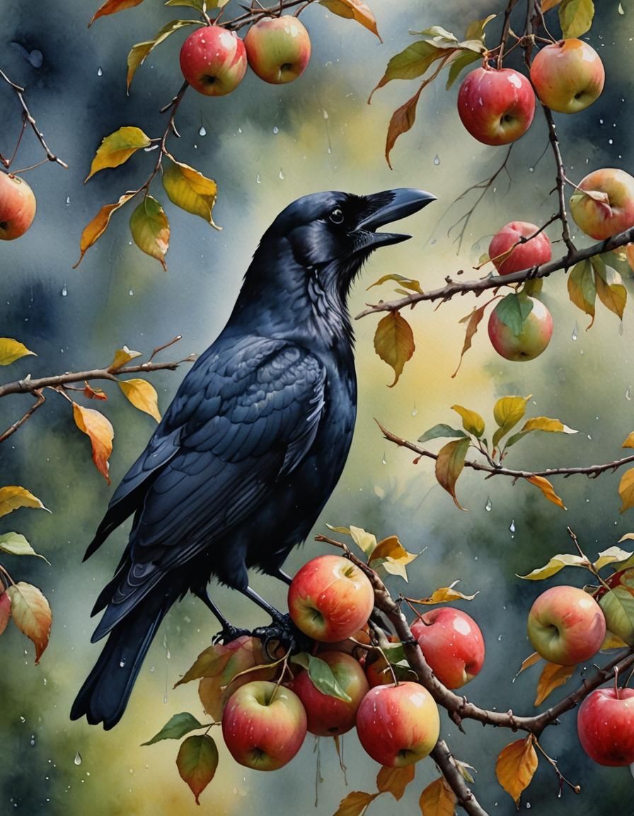 Crow and Apple: Hyper-Realistic Watercolour Painting