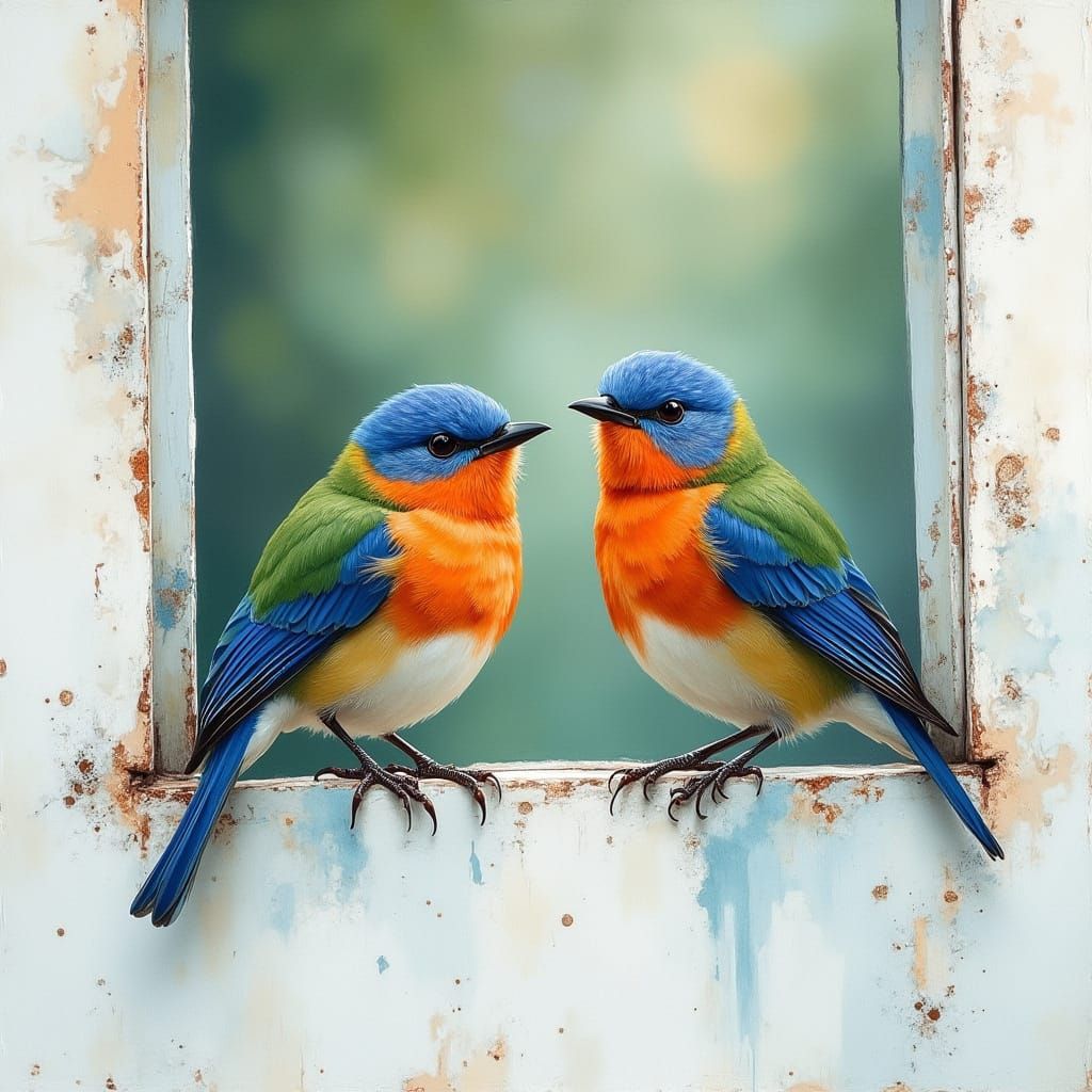 Vibrant Birds on Window Ledge: Hyper-realistic Watercolor