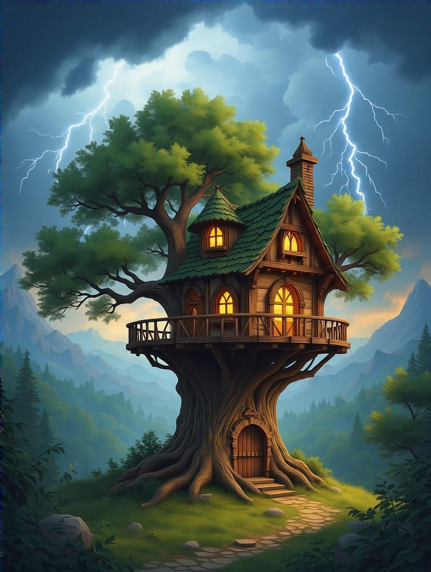 Whimsical Fantasy Treehouse in Stormy Mountains