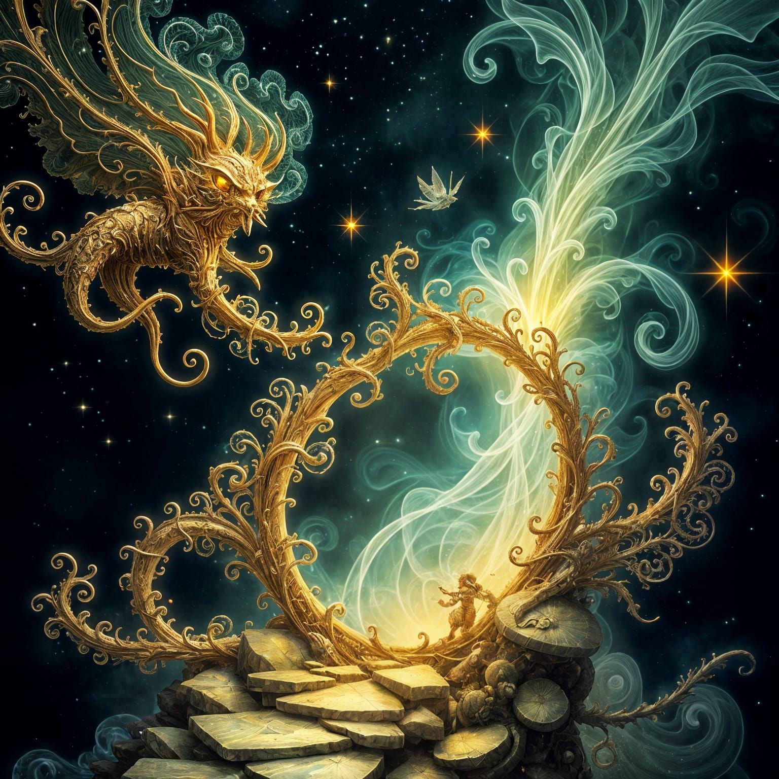 Gold Green Silver Void with Fractal Air Currents in Monge St...