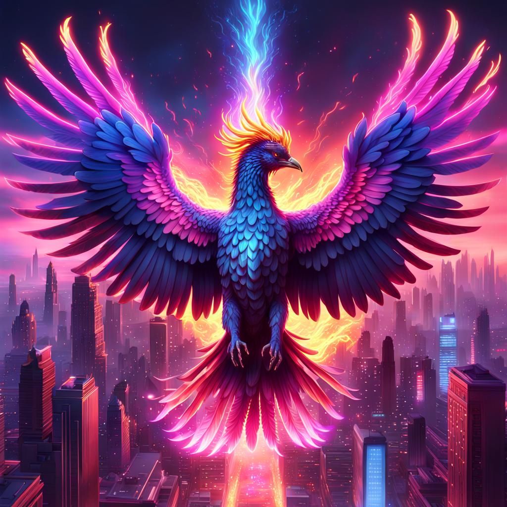 Cyberpunk Phoenix Soaring Above Neon Cityscape