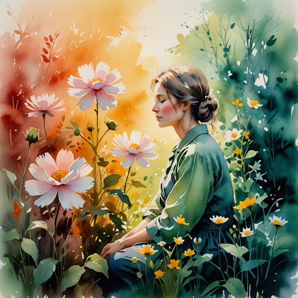 Soft Watercolor Garden Scene with Gentle Sunlight