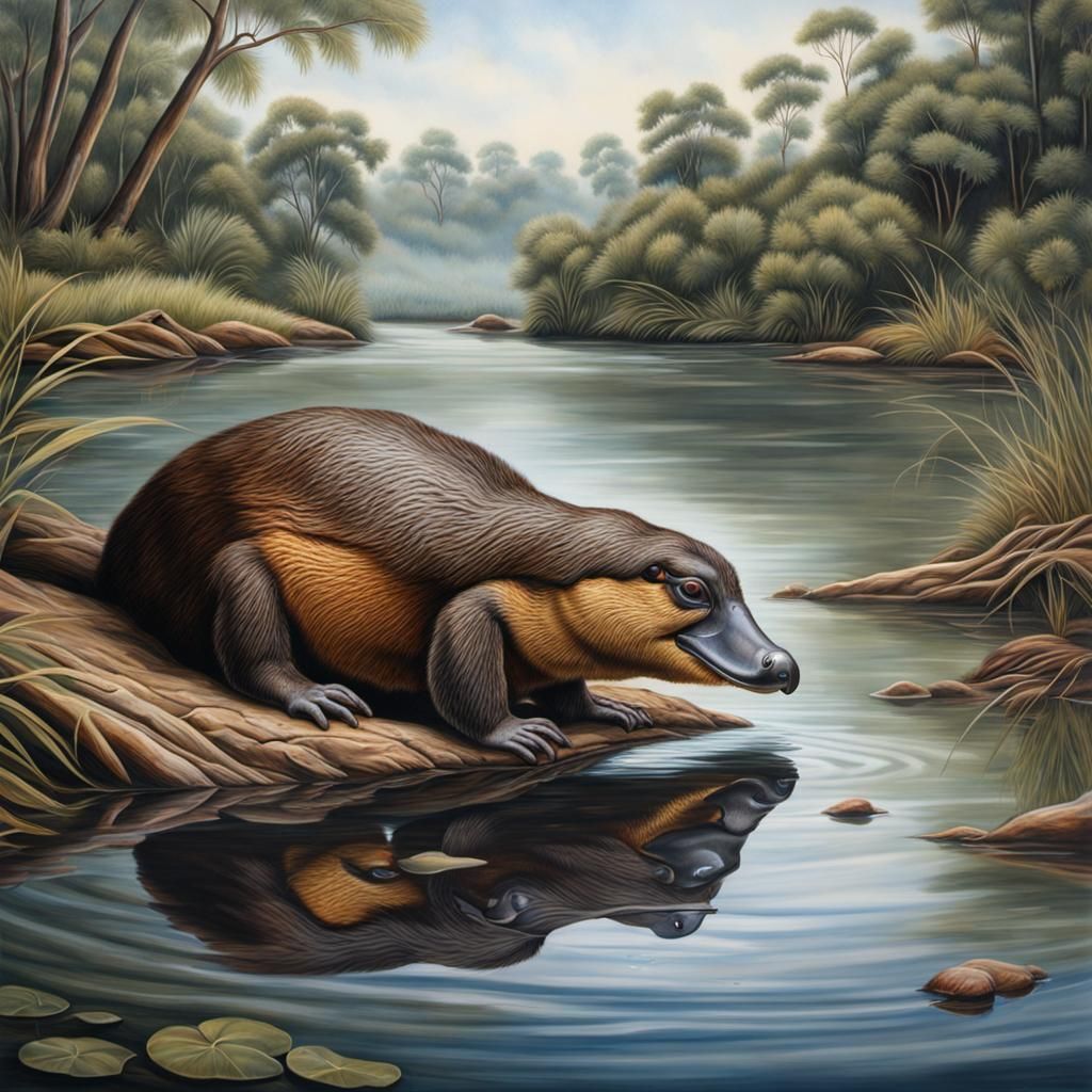 Duck-Billed Platypus at River's Edge: Photorealistic Image