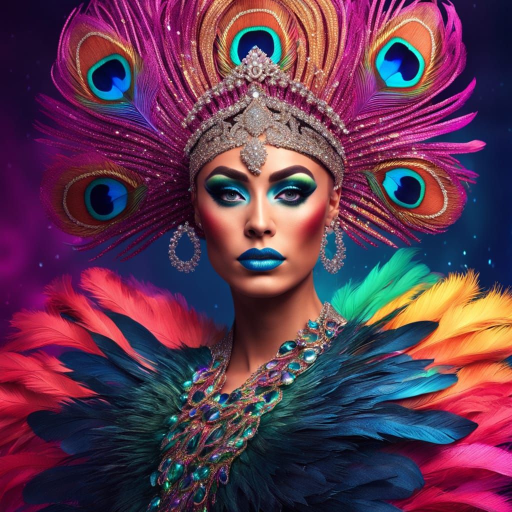 Glamorous Drag Queen with Peacock Fan, Digital Art
