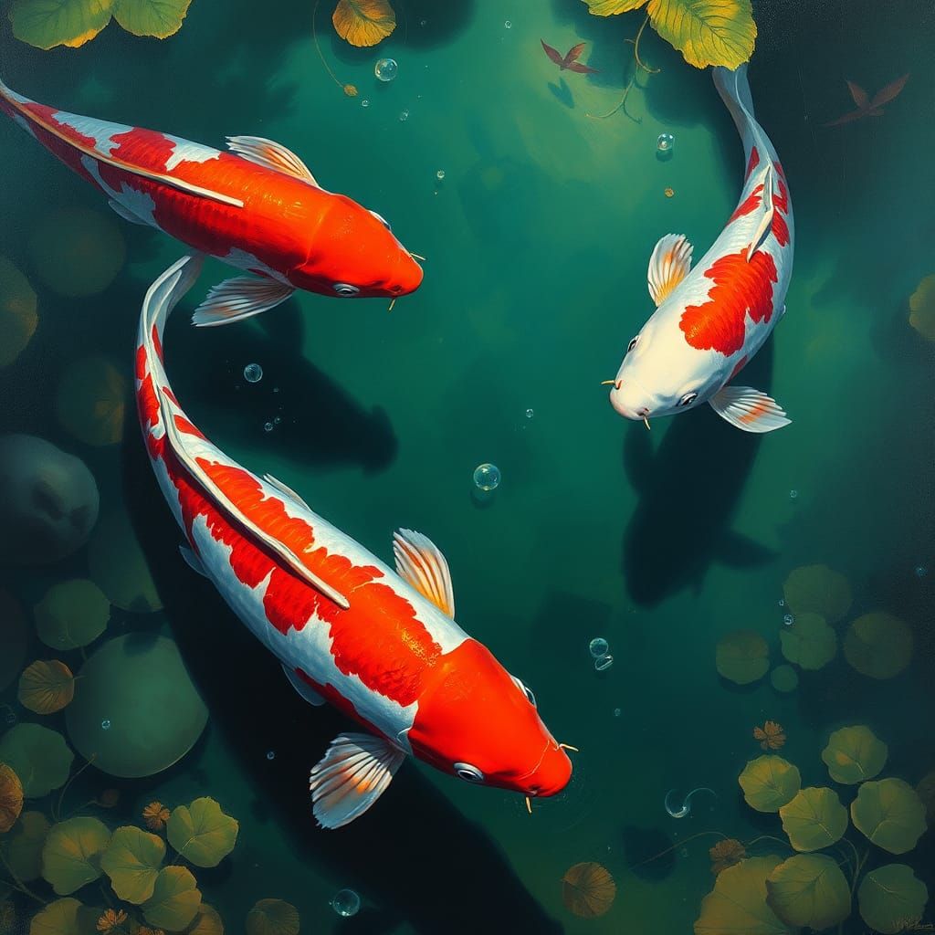 Realistic Koi Fish in Japanese Pond Oil Painting