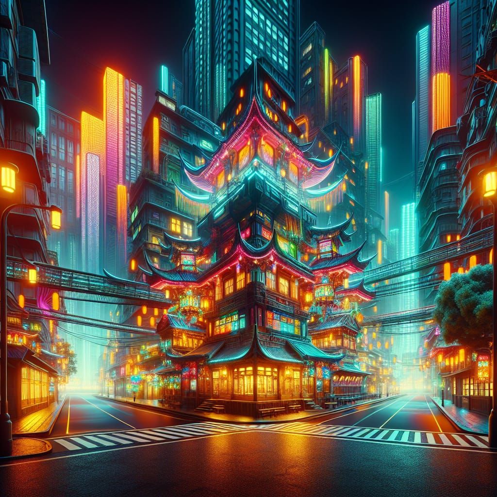Vibrant Cityscape at Night with Neon Lighting