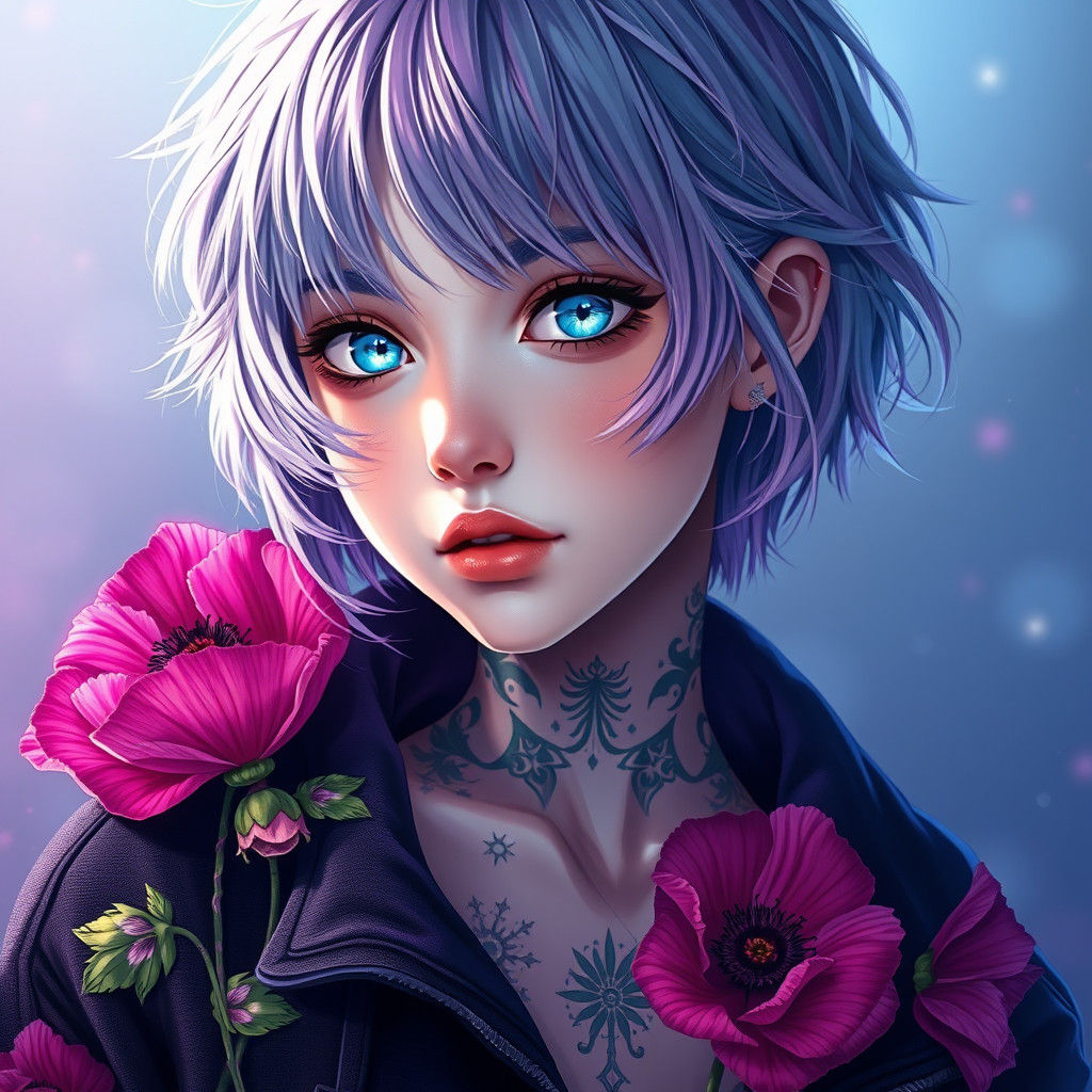 Anime Woman Portrait with Cosmic Flowers in Digital Art