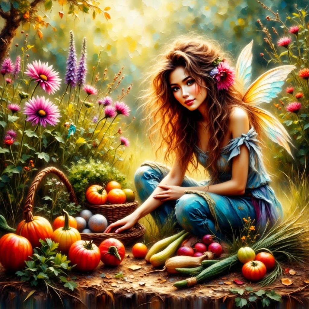 Pixie Gardener in Sun-Drenched Park, Storybook Style