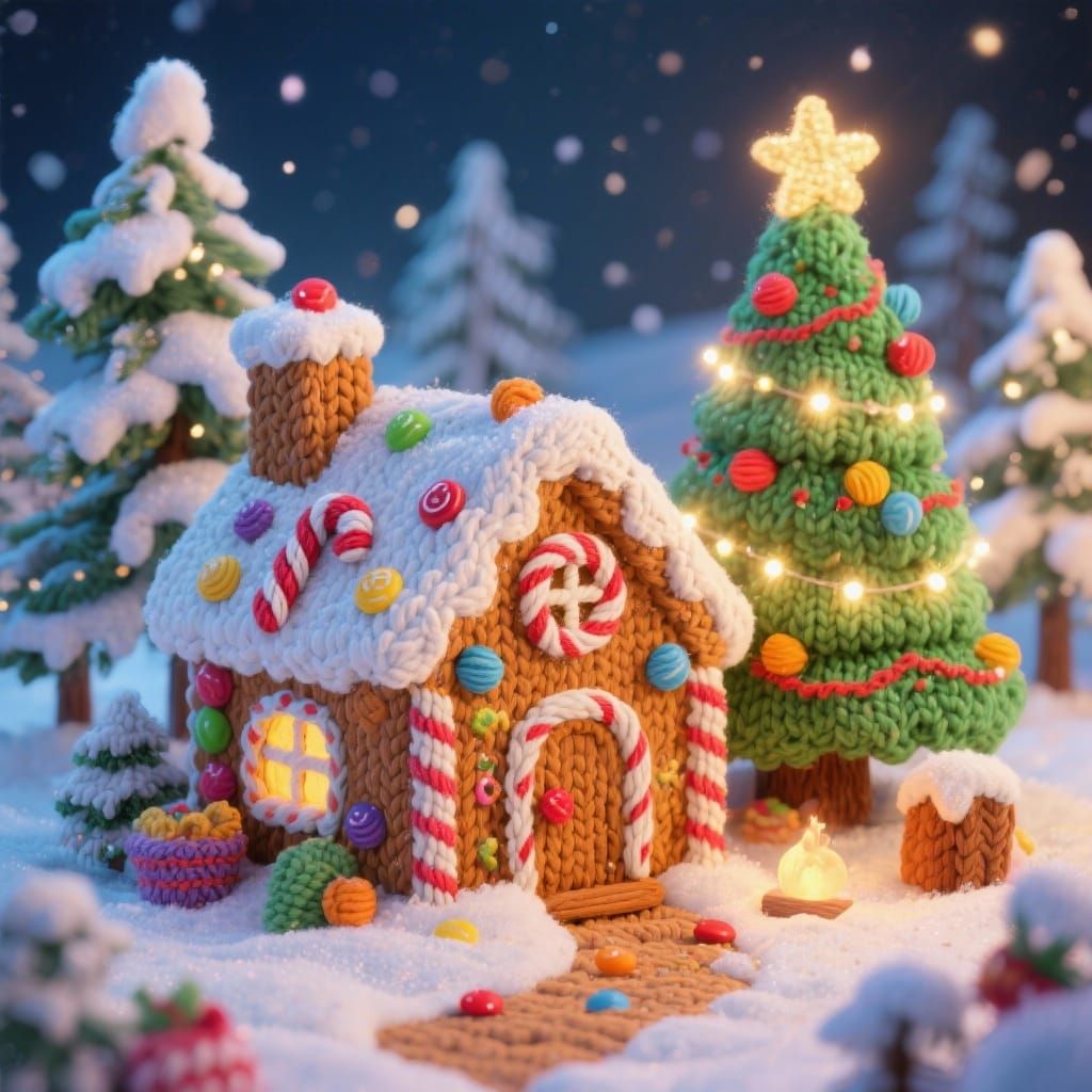 Whimsical Knitted Gingerbread Christmas Scene