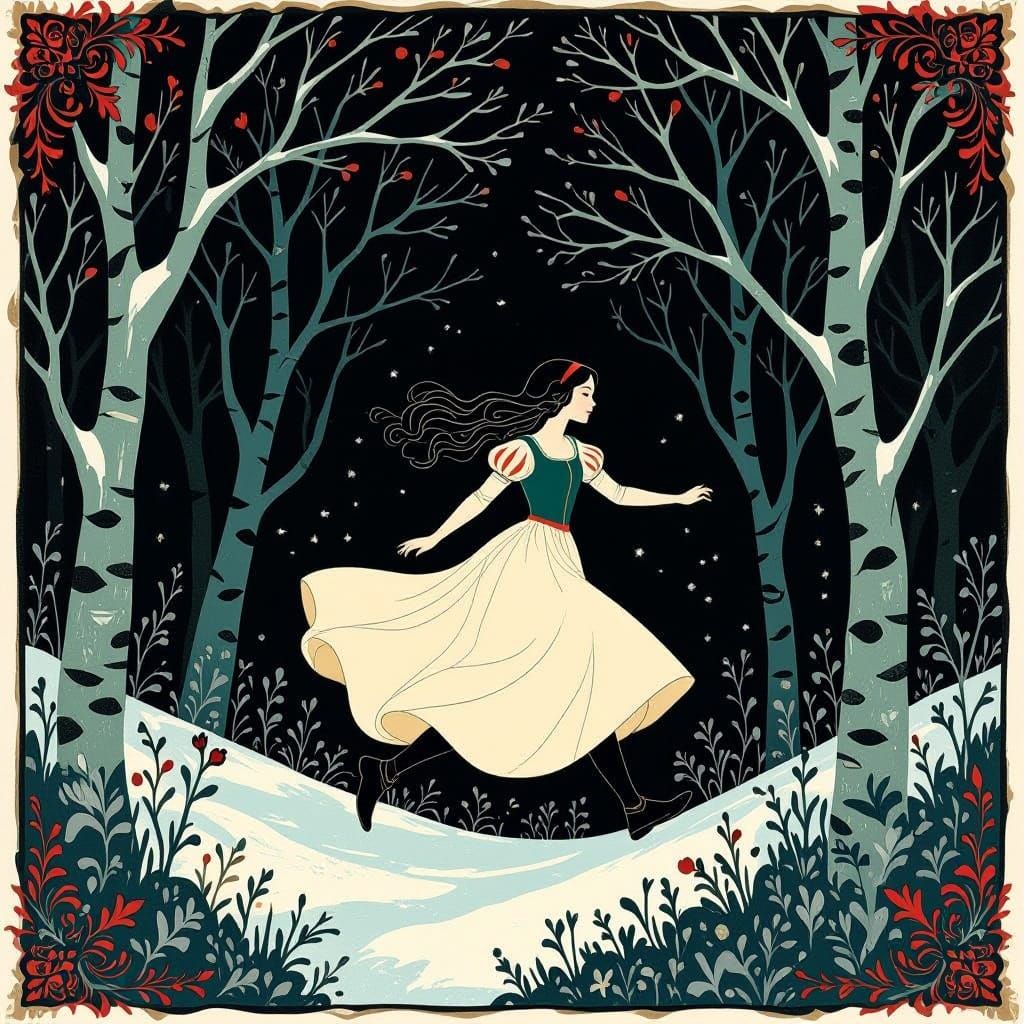 Snow White in Dark Forest, Art Nouveau Illustration