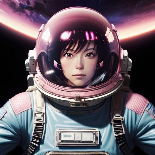 Pink Astronaut Floats Through Space in Anime Style