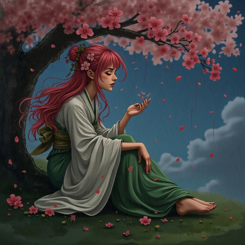 Dryad Woman Under Cherry Tree in Summer Rain