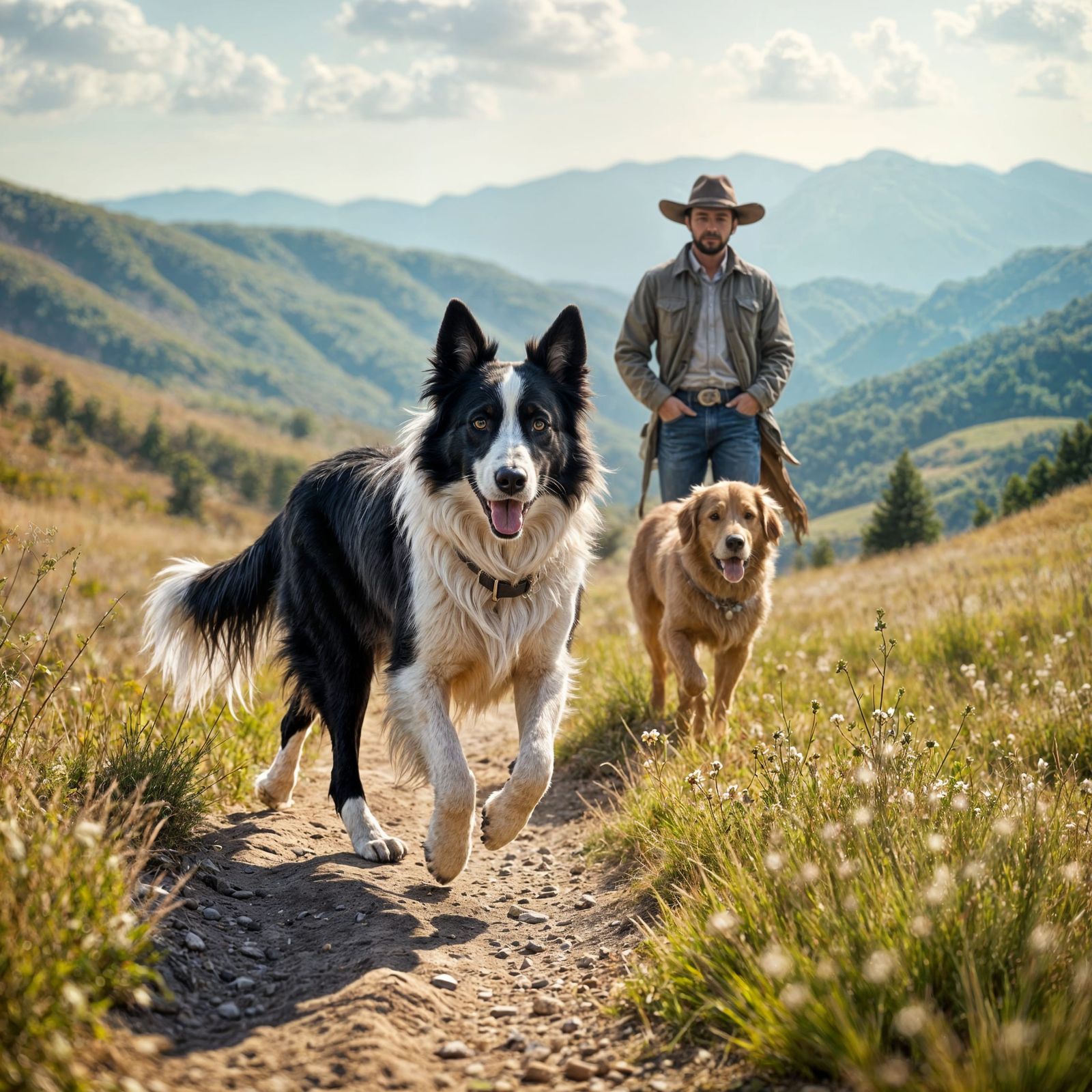 Two Dogs Walking Freely in a Bucolic Landscape