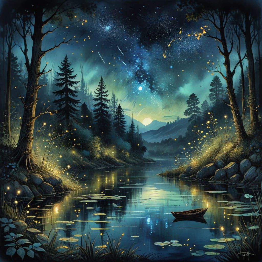 Dreamy Watercolor Scene of a Lush Lake at Night