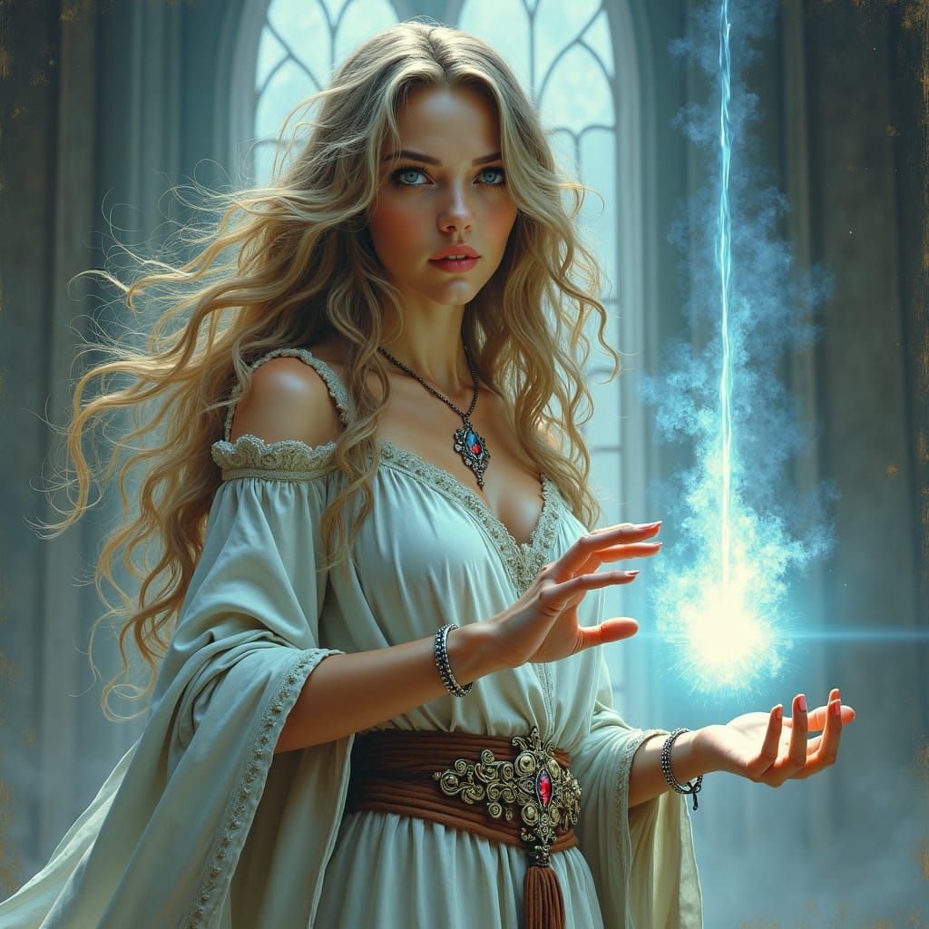 Female Wizard Casting Illusion Spell in Dark Fantasy Style