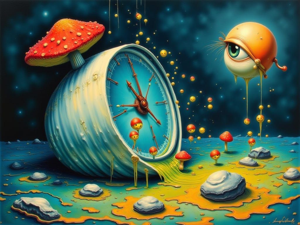 Surreal Melting Clock with Floating Teapot and Mushroom Eyeb...