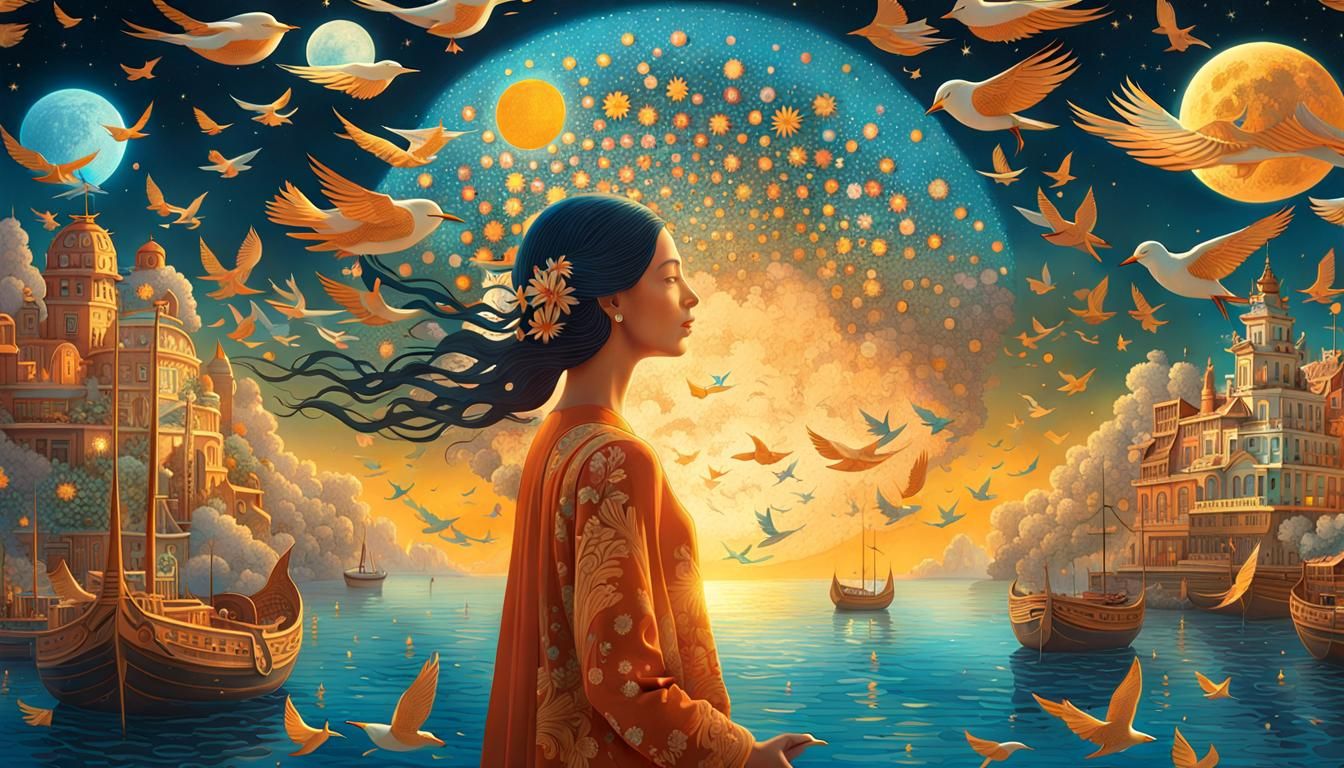 Woman Holding Cosmos in Surrealist Style