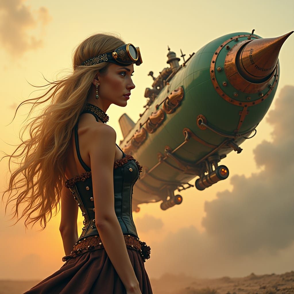 Steampunk Rocket with Woman in Retrofuturistic Style