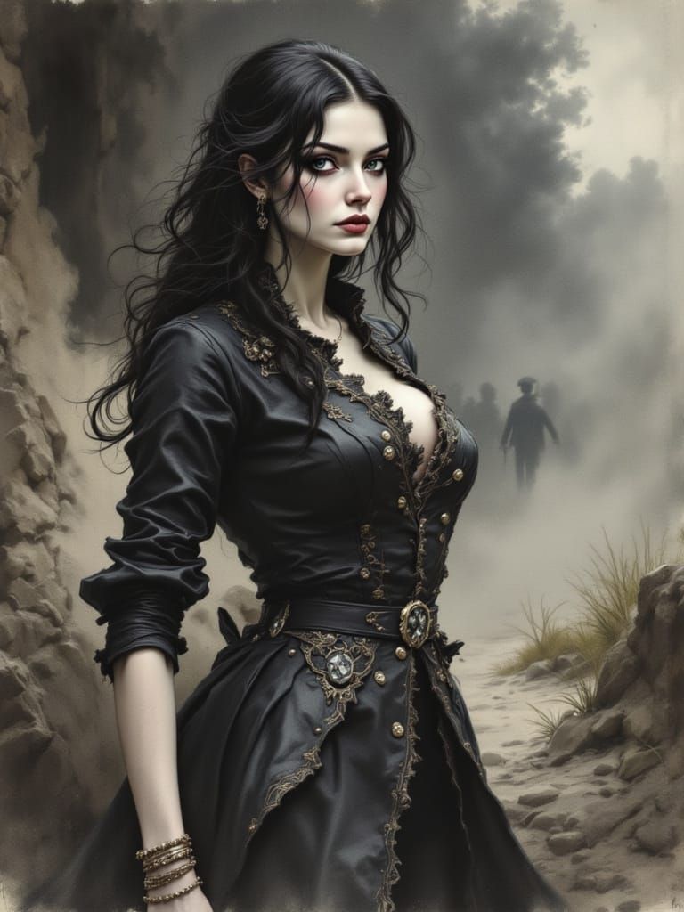 Surrealist Goddess in Charcoal and Steel, Lost in Dusty Twil...