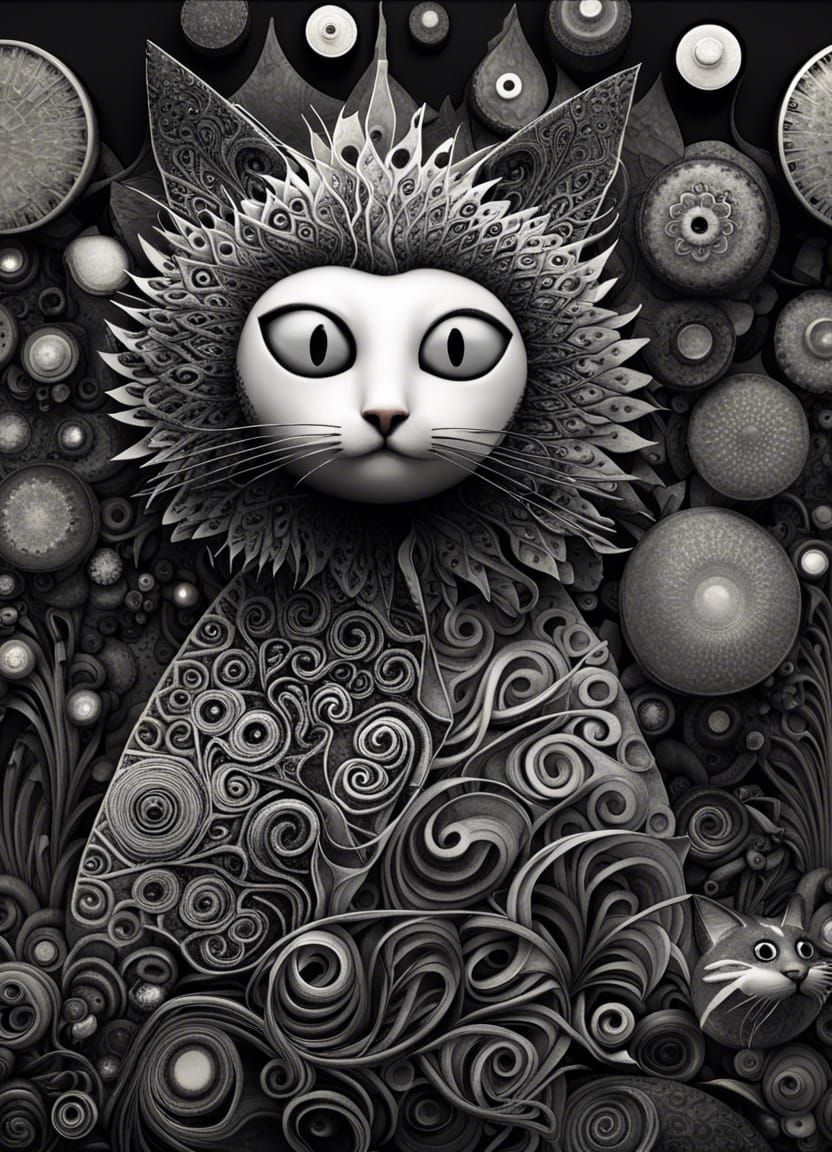 3D art, black and white, fantasy mysterious cat