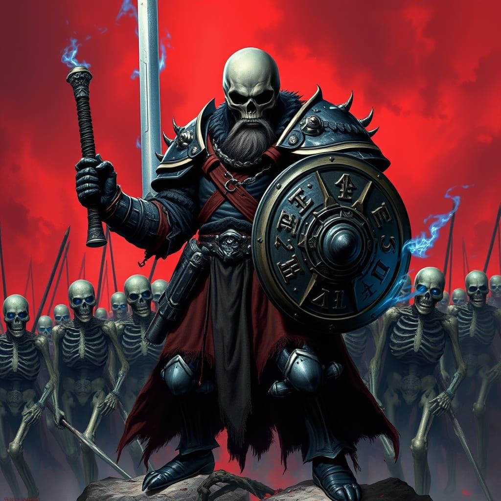 Dark Fantasy Warrior in Black Armor, Skull Face, and Red Str...