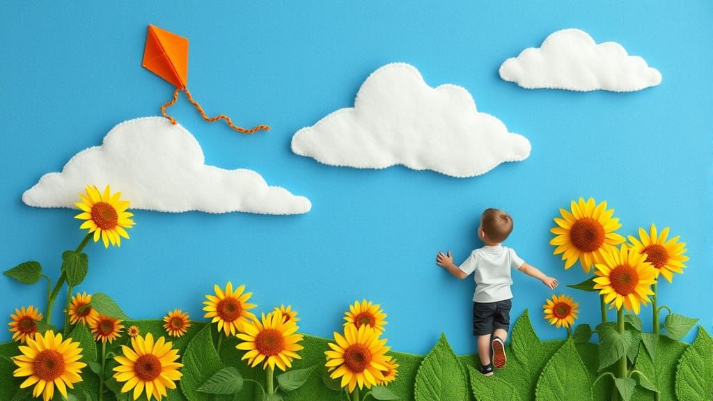 Felt Collage: Boy Flying Kite in Sunflower Field