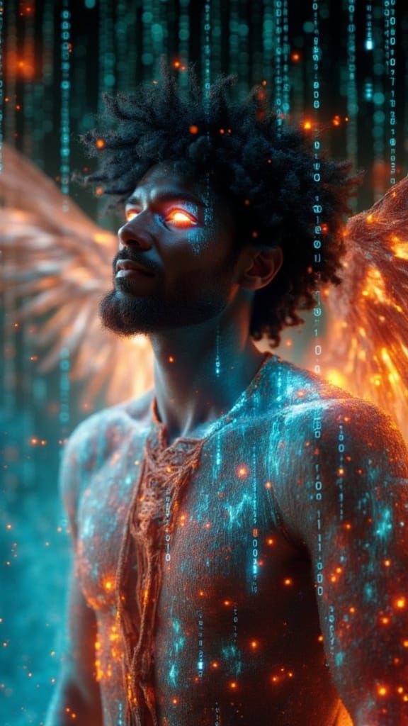 Holographic Angel Portrait with Flaming Wings